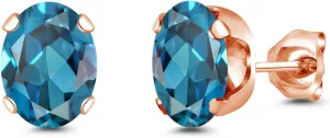 Gem Stone King 3.00 Ct Oval 8X6MM London Blue Topaz Rose Gold Plated Gemstone Birthstone Stud Earrings For Women Men