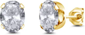 Gem Stone King 3.00 Ct Oval 8x6mm White Topaz Brass Yellow Gold Plated Brass Stud Earrings For Women Men