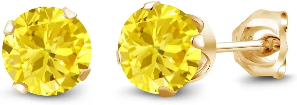 Gem Stone King 3.00 Ct Round 6mm Yellow Zirconia 18K Yellow Gold Plated Silver Stud Earrings For Women Men