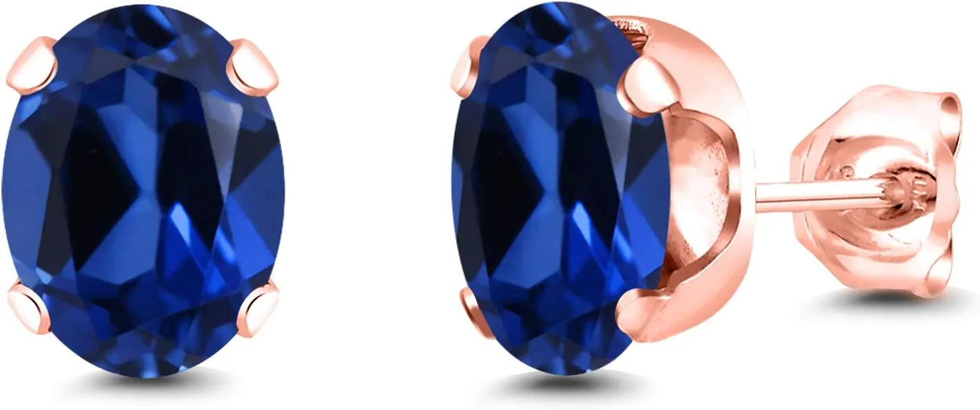Gem Stone King 3.20 Ct 8x6mm Blue Created Sapphire 18K Rose Gold Plated Silver Stud Earrings For Women Men