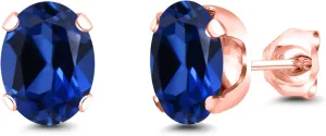 Gem Stone King 3.20 Ct 8x6mm Blue Created Sapphire 18K Rose Gold Plated Silver Stud Earrings For Women Men
