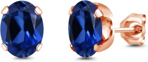 Gem Stone King 3.20 Ct 8x6mm Blue Created Sapphire Brass Rose Gold Plated Brass Stud Earrings For Women Men