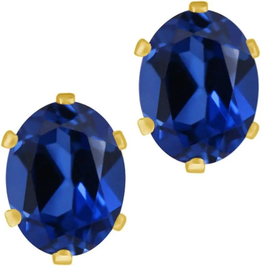 Gem Stone King 3.28 Ct 8x6mm Blue Created Sapphire Brass Yellow Gold Plated Brass Stud Earrings For Women Men
