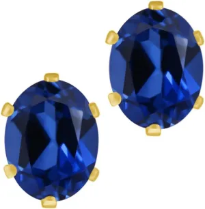 Gem Stone King 3.28 Ct 8x6mm Blue Created Sapphire Brass Yellow Gold Plated Brass Stud Earrings For Women Men