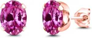 Gem Stone King 3.30 Ct 8x6mm Pink Created Sapphire 18K Rose Gold Plated Silver Stud Earrings For Women Men