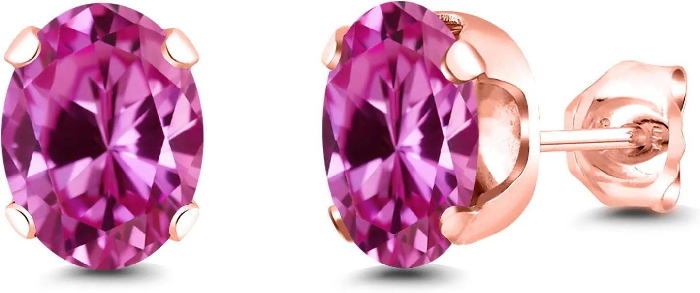 Gem Stone King 3.30 Ct 8x6mm Pink Created Sapphire 18K Rose Gold Plated Silver Stud Earrings For Women Men