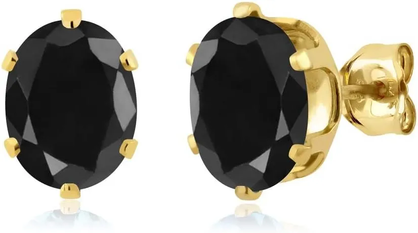Gem Stone King 3.32 Ct Oval 8x6mm Black Sapphire 18K Yellow Gold Plated Silver Stud Earrings For Women Men