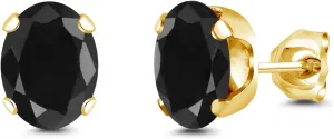 Gem Stone King 3.32 Ct Oval 8x6mm Black Sapphire Brass Yellow Gold Plated Brass Stud Earrings For Women Men