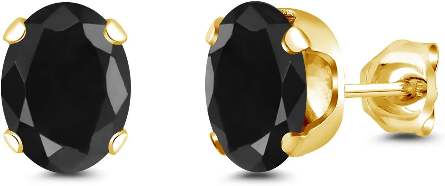 Gem Stone King 3.32 Ct Oval 8x6mm Black Sapphire Brass Yellow Gold Plated Brass Stud Earrings For Women Men