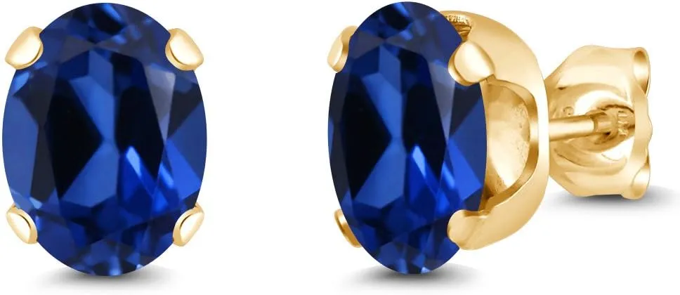 Gem Stone King 3.34 Ct 8x6mm Blue Created Sapphire 18K Yellow Gold Plated Silver Stud Earrings For Women Men