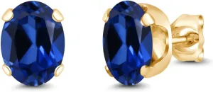 Gem Stone King 3.34 Ct 8x6mm Blue Created Sapphire 18K Yellow Gold Plated Silver Stud Earrings For Women Men