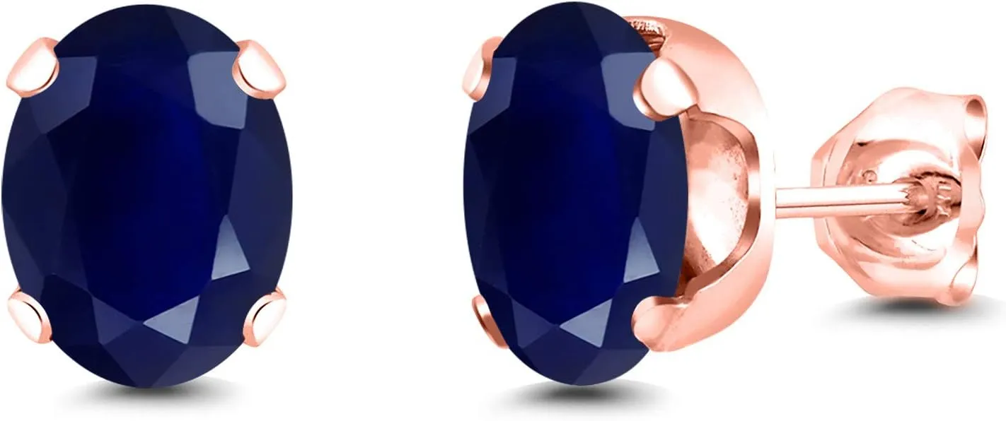 Gem Stone King 3.60 Ct Oval 8x6mm Blue Sapphire 18K Rose Gold Plated Silver Stud Earrings For Women Men