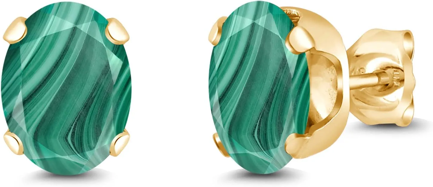 Gem Stone King 4.00 Ct Oval 8x6mm Green Malachite 18K Yellow Gold Plated Silver Stud Earrings For Women Men