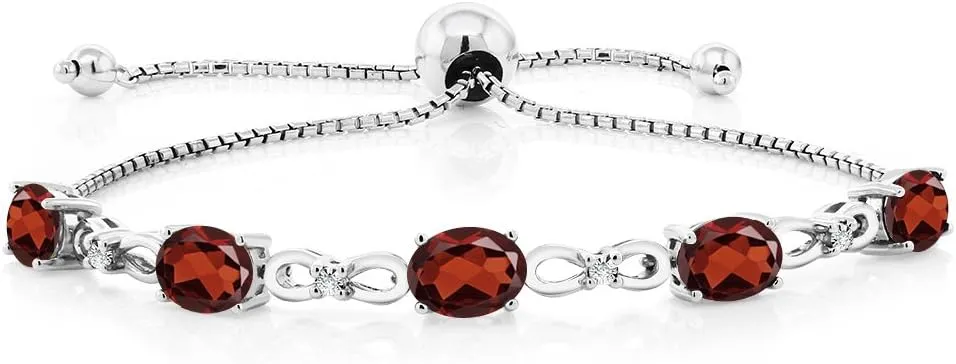 Gem Stone King 7X5MM Oval Cut Gemstone Birthstone and Accent Lab Grown Diamond Tennis Bracelet For Women In 925 Sterling Silver | Adjustable Bolo Bracelet For Women | Easy-On Easy-Off