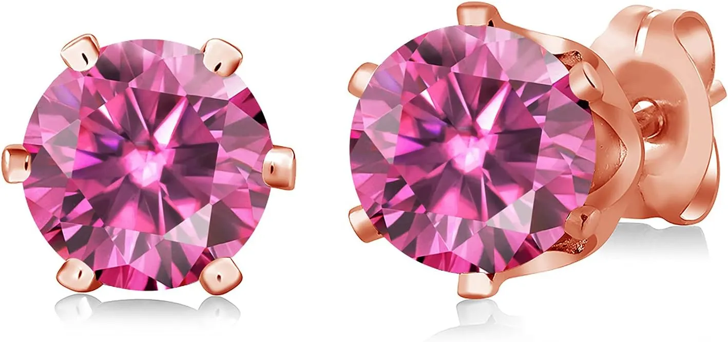 Gem Stone King Brass Rose Gold Plated Brass Stud Earrings For Women Men Pink Round Moissanite (1.60 Cttw)
