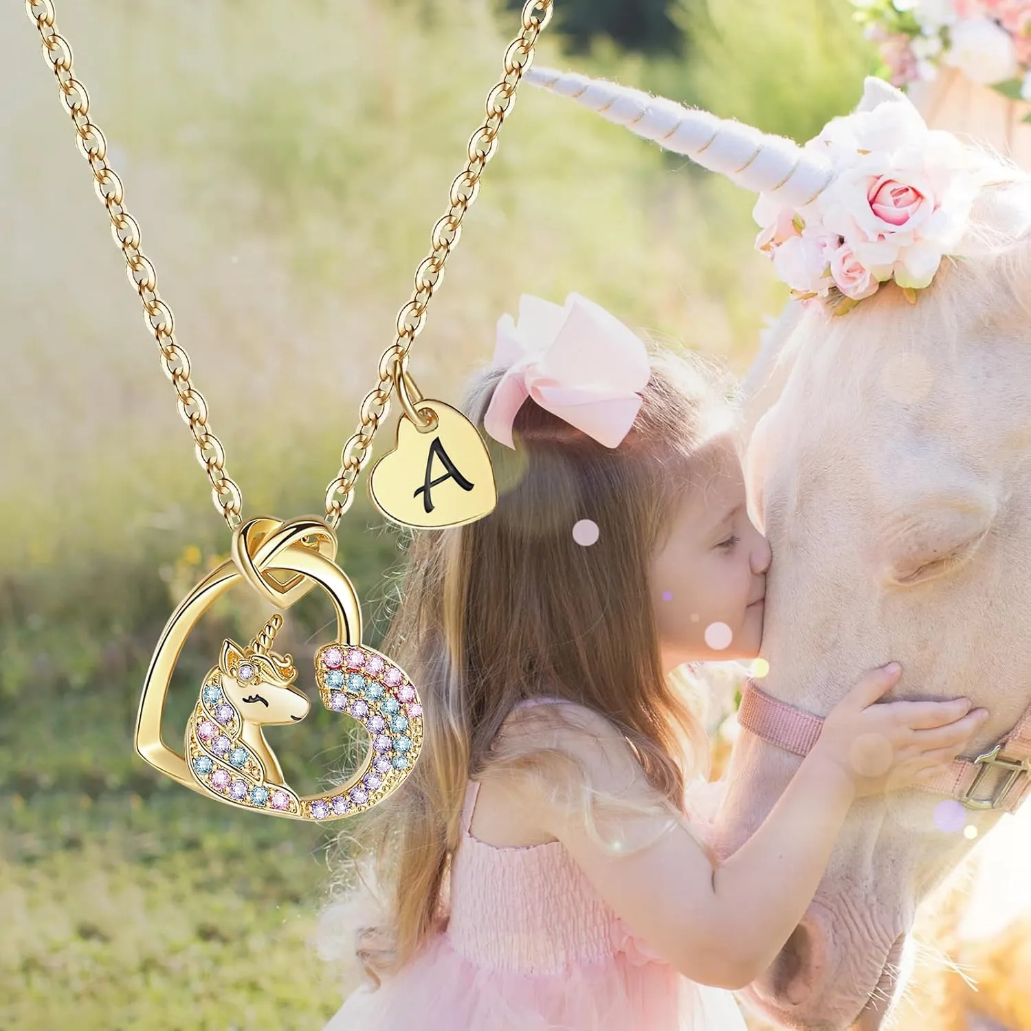 Gifts for Girls Kids, Initial Unicorns Necklace for Girl Teens Initial Heart Pendant, Girls' Birthday, Christmas Gift