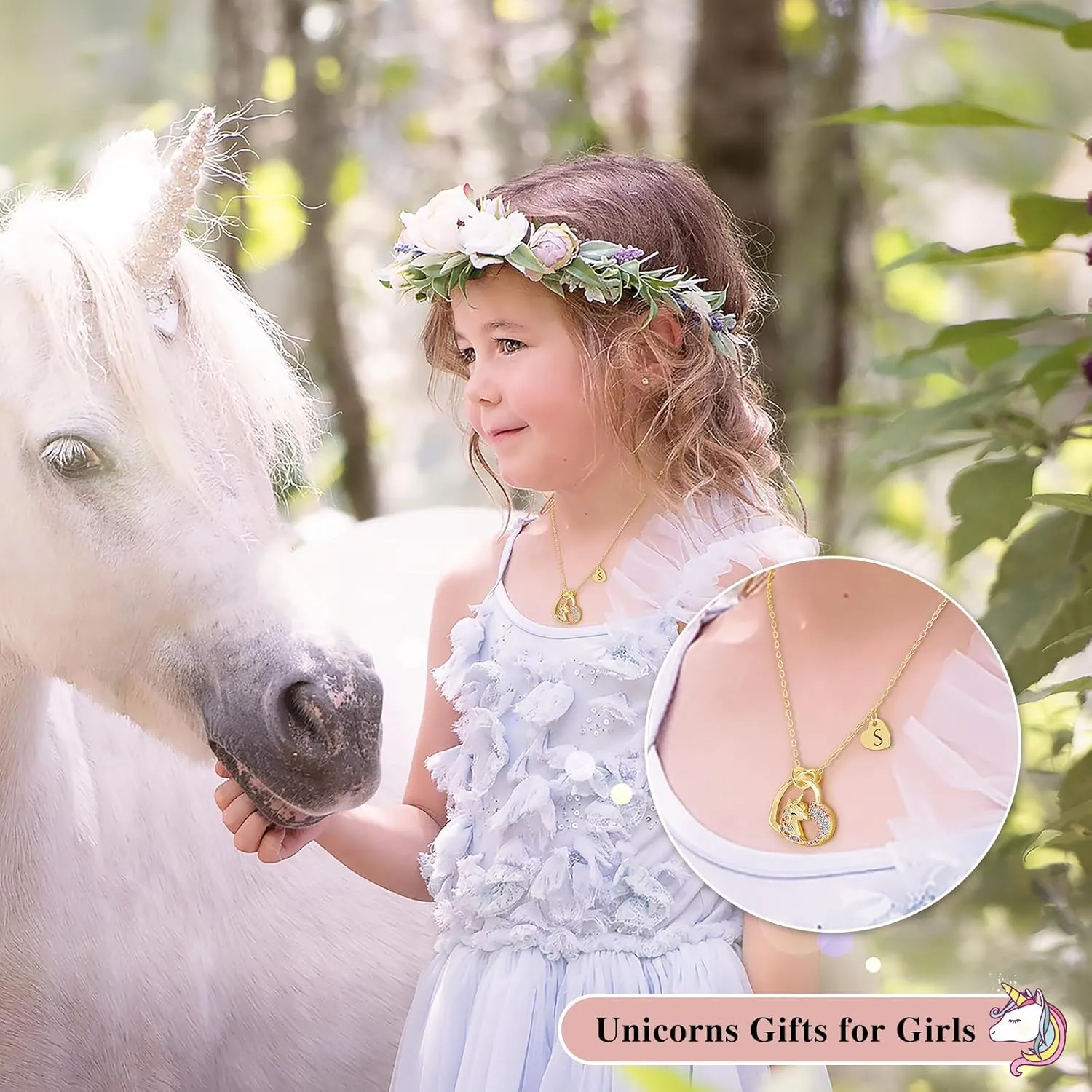 Gifts for Girls Kids, Initial Unicorns Necklace for Girl Teens Initial Heart Pendant, Girls' Birthday, Christmas Gift