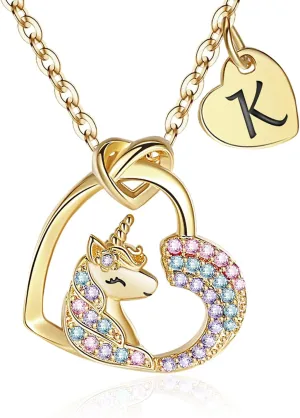 Gifts for Girls Kids, Initial Unicorns Necklace for Girl Teens Initial Heart Pendant, Girls' Birthday, Christmas Gift