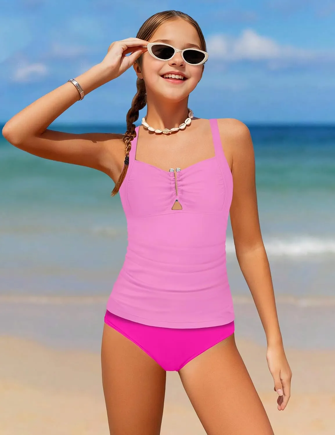 Girls Swimsuit Two Piece U-Shaped Ring Linked Cutout Ruched Tankini for Girls Bathing Suit Tropical Swim Shorts 9-16Y