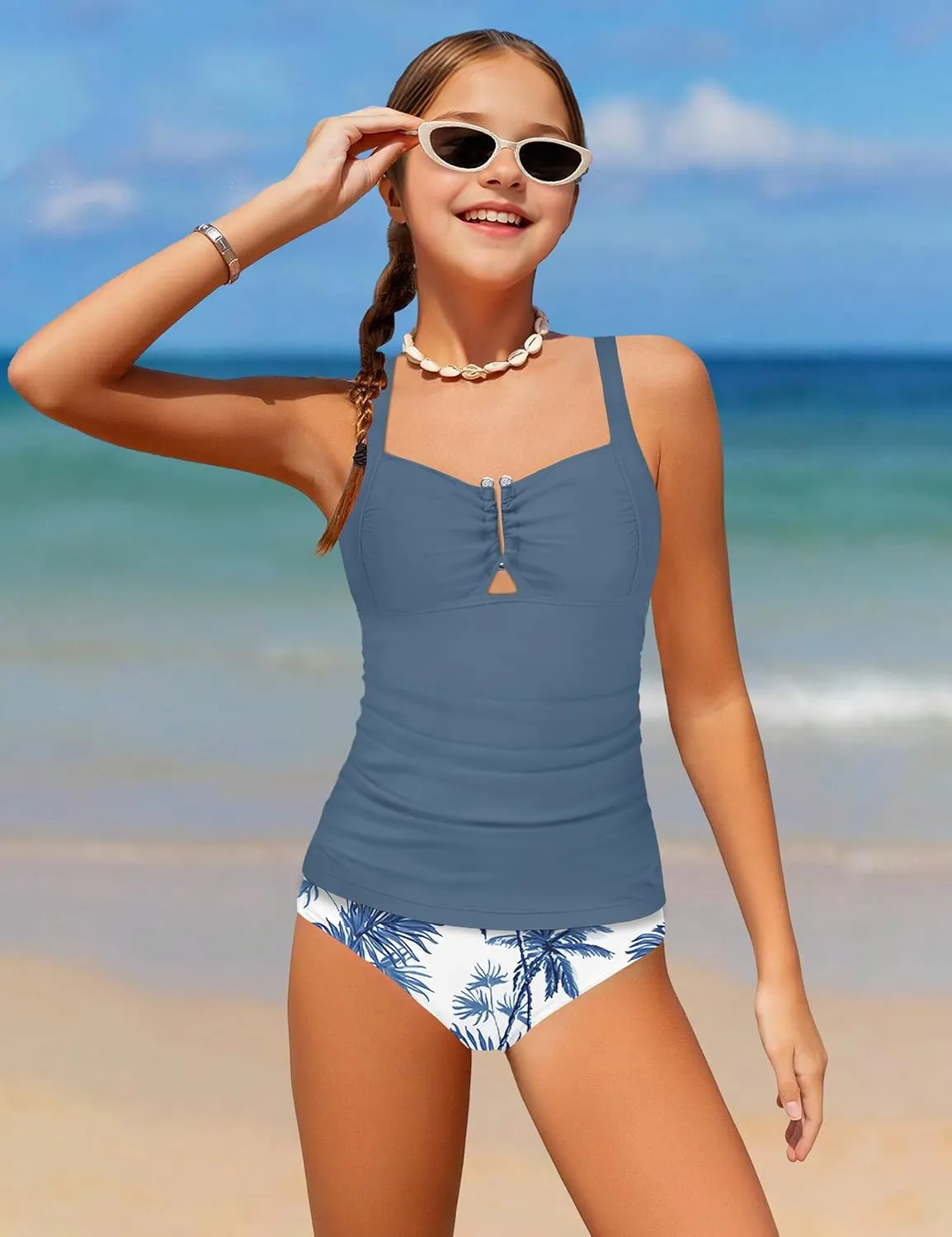 Girls Swimsuit Two Piece U-Shaped Ring Linked Cutout Ruched Tankini for Girls Bathing Suit Tropical Swim Shorts 9-16Y