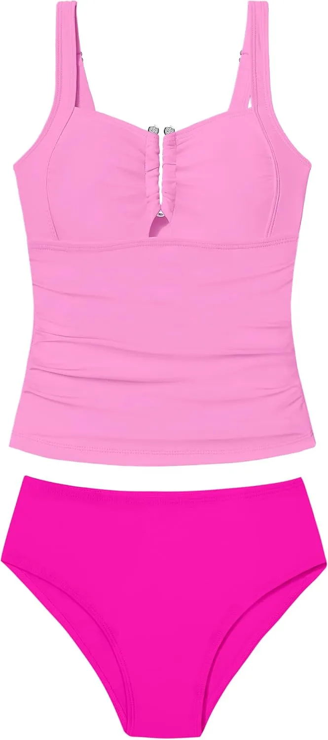 Girls Swimsuit Two Piece U-Shaped Ring Linked Cutout Ruched Tankini for Girls Bathing Suit Tropical Swim Shorts 9-16Y