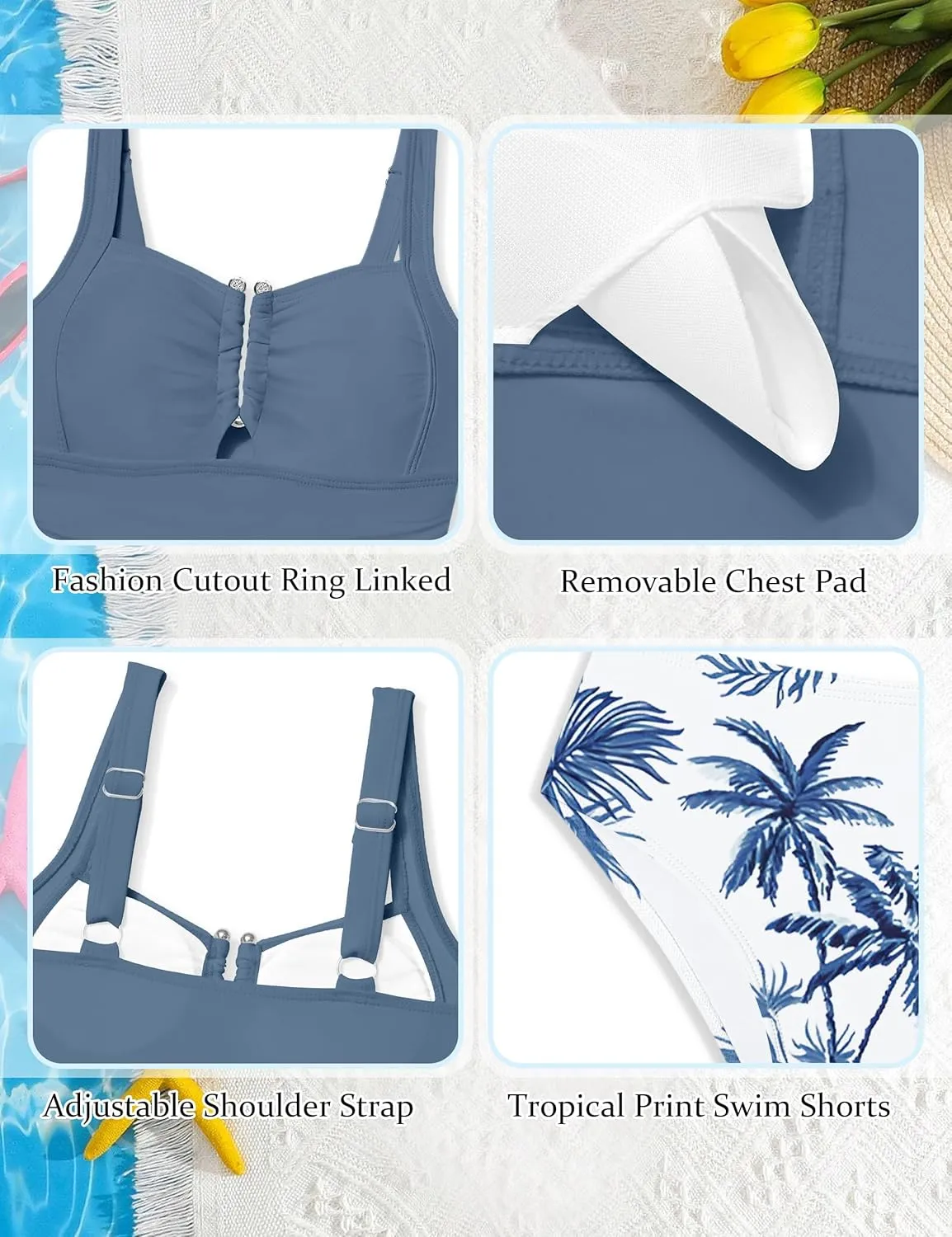 Girls Swimsuit Two Piece U-Shaped Ring Linked Cutout Ruched Tankini for Girls Bathing Suit Tropical Swim Shorts 9-16Y