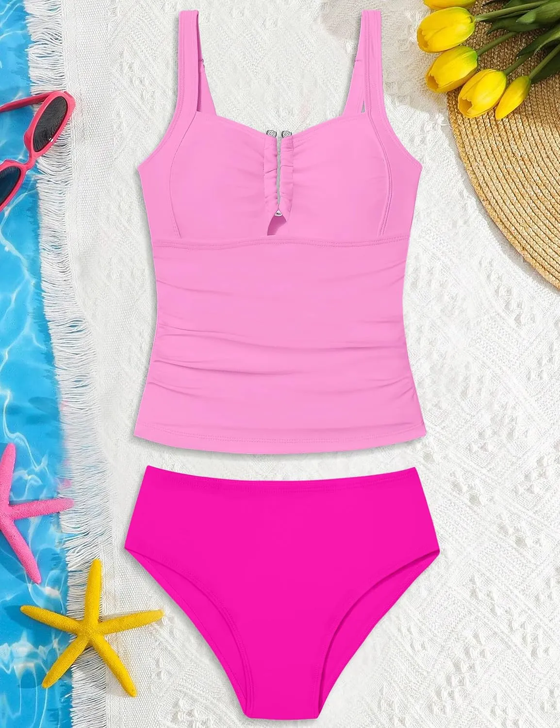 Girls Swimsuit Two Piece U-Shaped Ring Linked Cutout Ruched Tankini for Girls Bathing Suit Tropical Swim Shorts 9-16Y
