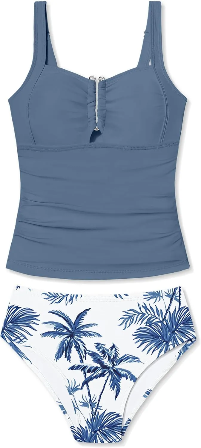Girls Swimsuit Two Piece U-Shaped Ring Linked Cutout Ruched Tankini for Girls Bathing Suit Tropical Swim Shorts 9-16Y