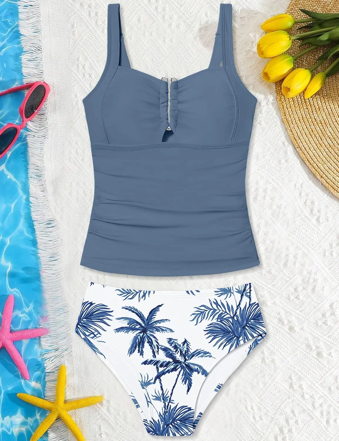 Girls Swimsuit Two Piece U-Shaped Ring Linked Cutout Ruched Tankini for Girls Bathing Suit Tropical Swim Shorts 9-16Y