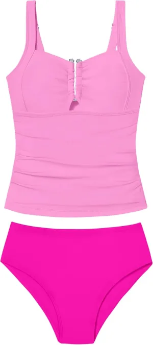 Girls Swimsuit Two Piece U-Shaped Ring Linked Cutout Ruched Tankini for Girls Bathing Suit Tropical Swim Shorts 9-16Y
