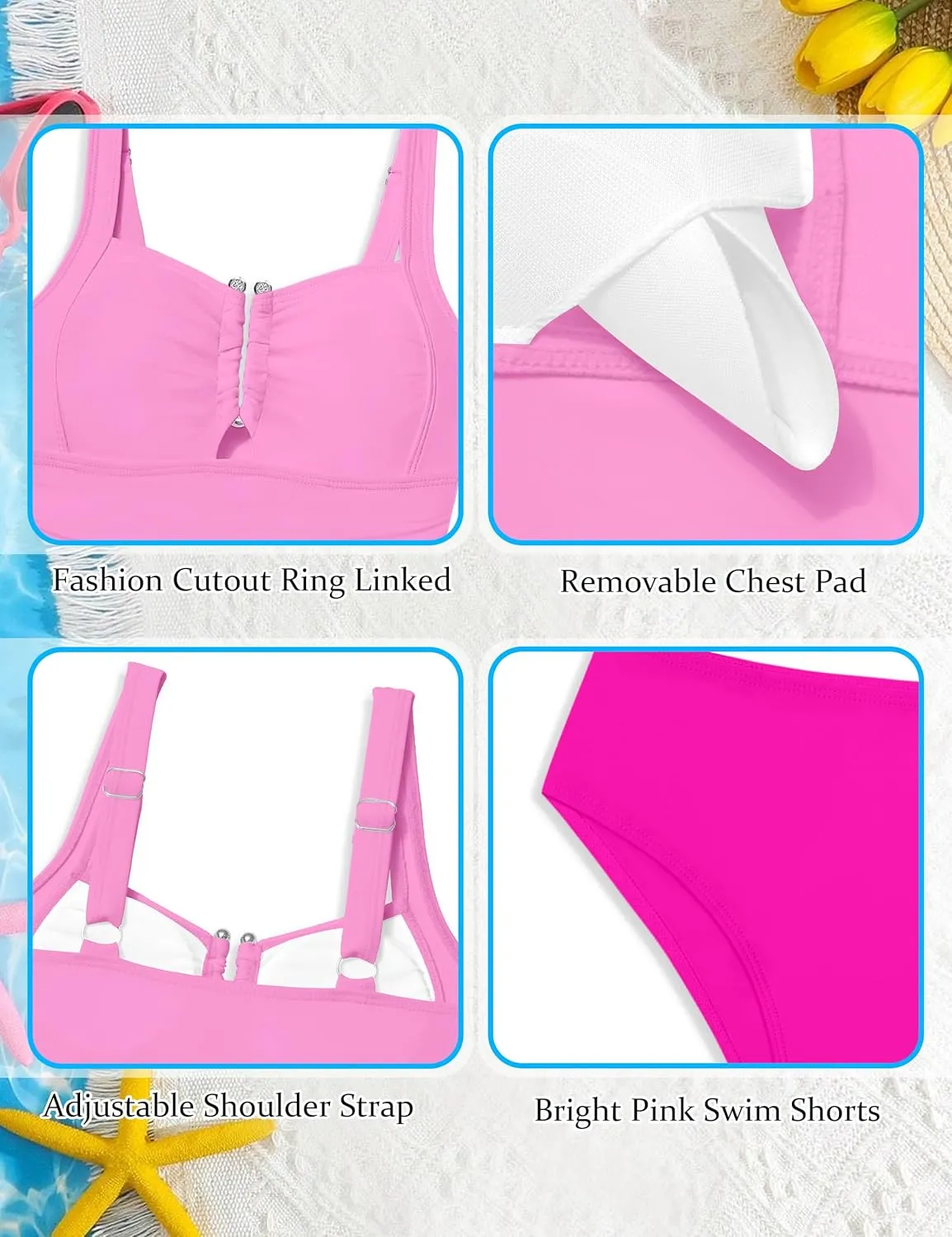Girls Swimsuit Two Piece U-Shaped Ring Linked Cutout Ruched Tankini for Girls Bathing Suit Tropical Swim Shorts 9-16Y