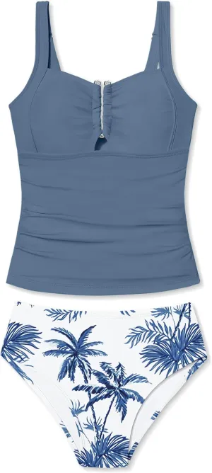 Girls Swimsuit Two Piece U-Shaped Ring Linked Cutout Ruched Tankini for Girls Bathing Suit Tropical Swim Shorts 9-16Y