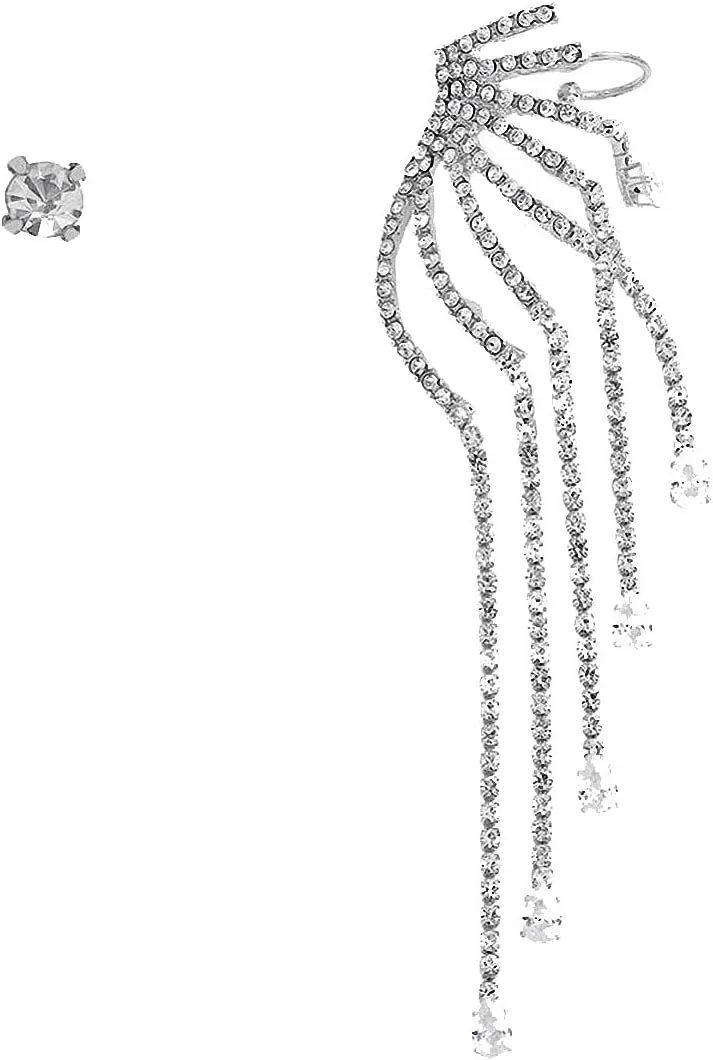 Glass Stones Ear Cuff Tassel Earrings Women Rhinestone Wrap Stud Clip Earrings