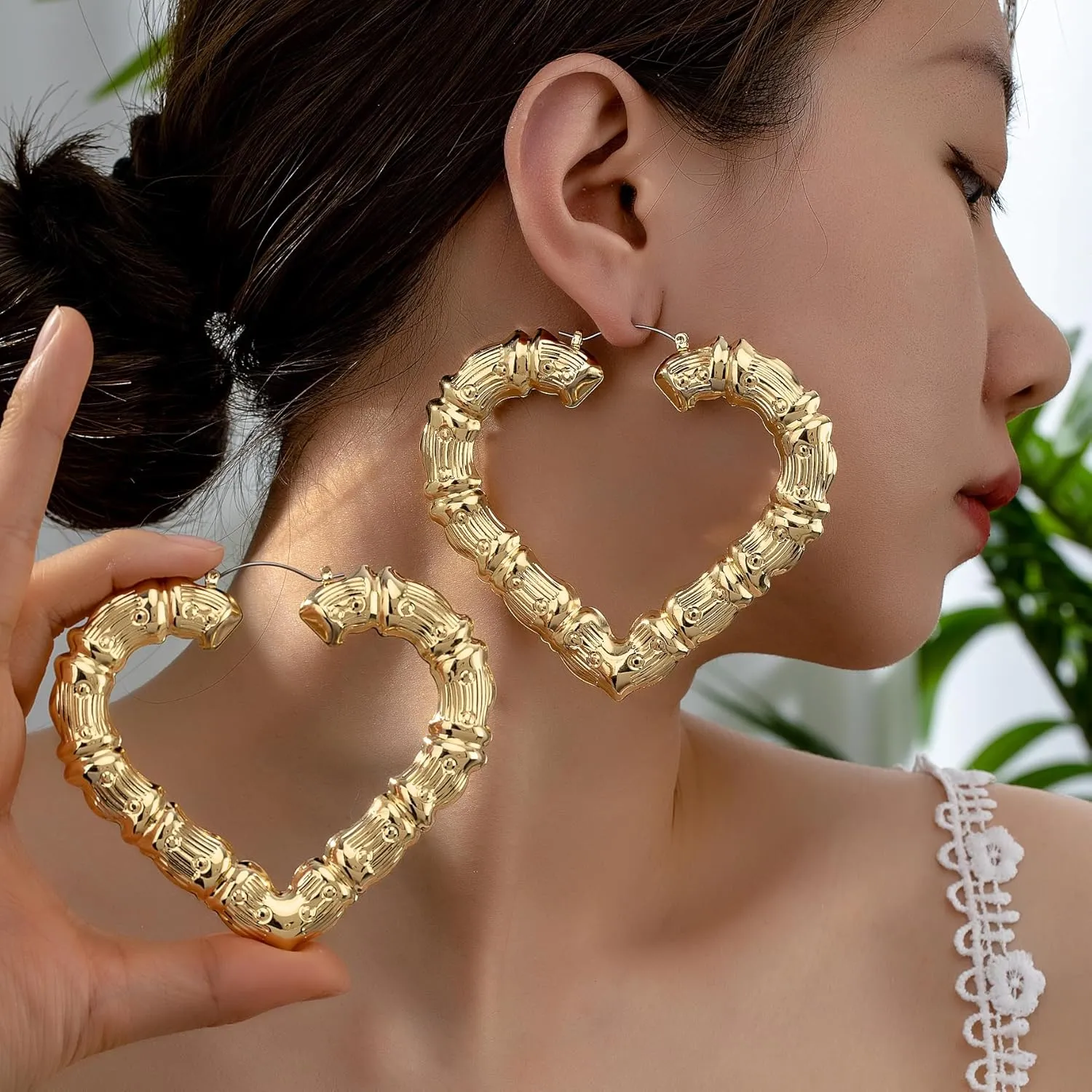 Gold Bamboo Hoop Earrings - Large Chunky Bamboo Hoops for Women - 90s Hip-hop Statement Jewelry