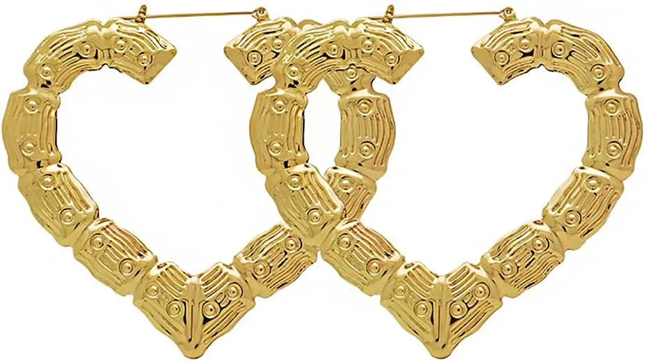 Gold Bamboo Hoop Earrings - Large Chunky Bamboo Hoops for Women - 90s Hip-hop Statement Jewelry