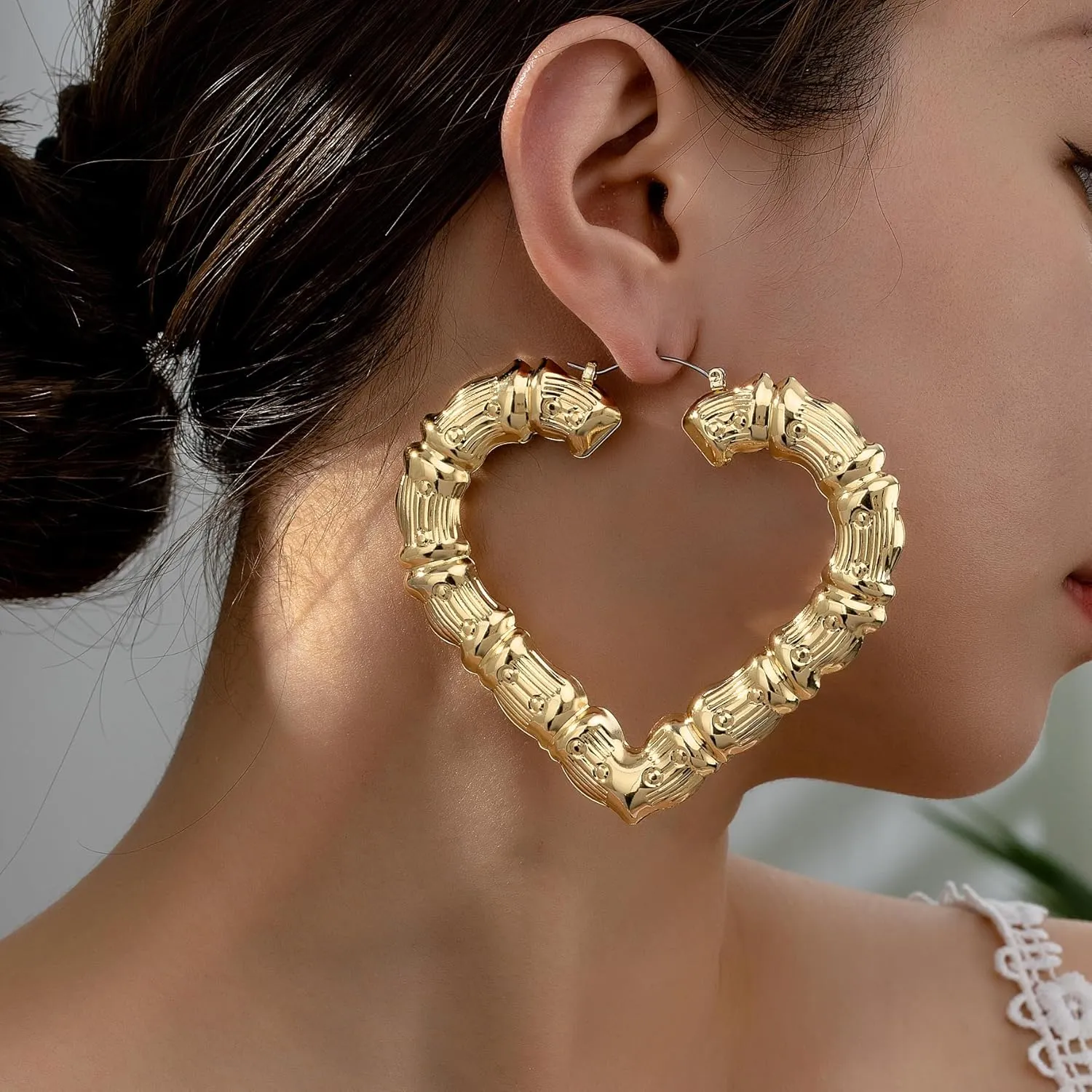 Gold Bamboo Hoop Earrings - Large Chunky Bamboo Hoops for Women - 90s Hip-hop Statement Jewelry