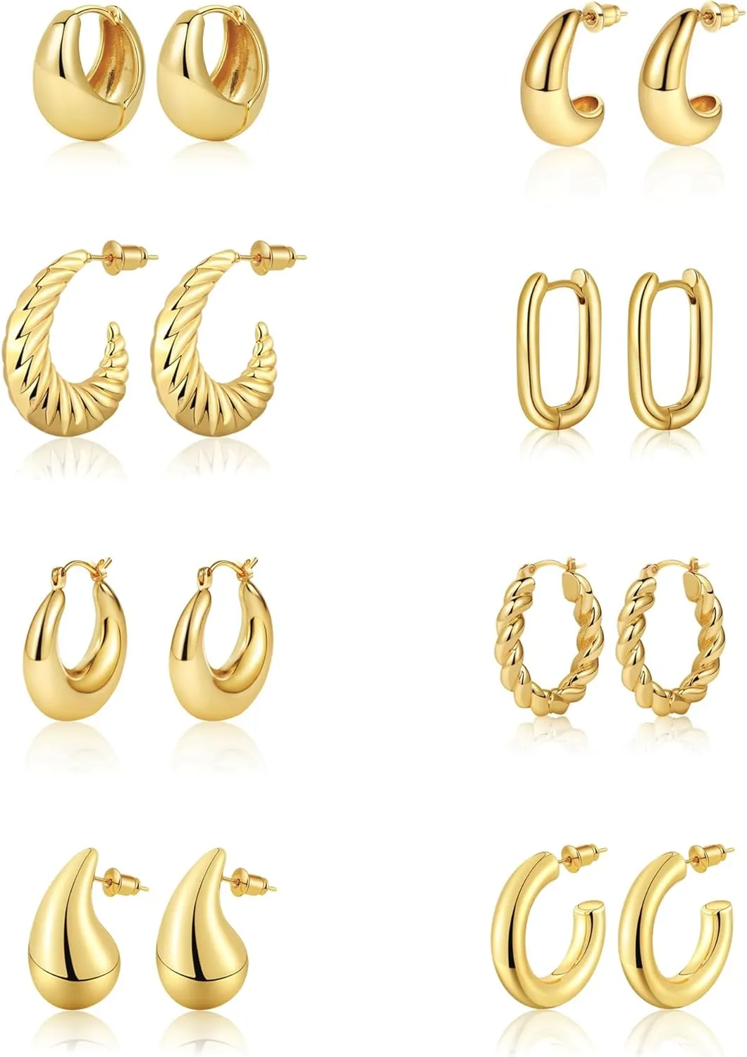 Gold Chunky Hoop Earrings Set for Women, 14K Gold Plated Twisted Huggie Hoop Earring Hypoallergenic Thick Open Lightweight Chunky Hoop Earrings Jewelry for Women