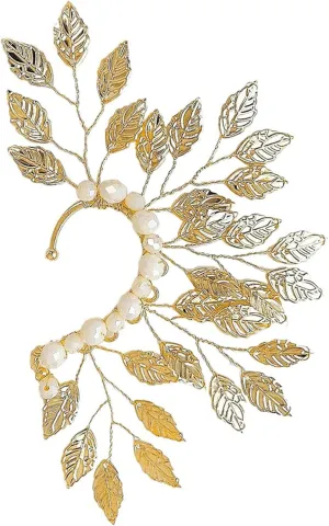 Gold Ear Cuff, Single Left Elf Ear Cuffs, Non Piercing Ear Jewelry, Vintage Gold Leaf and Beads Ear Cuff Earrings for Women Gold Ear Cuff