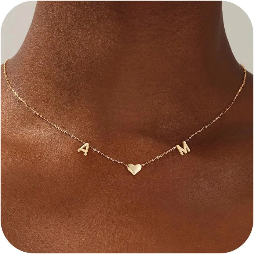 Gold Heart Initial Necklaces for Women 14K Gold Plated Dainty Heart A-Z Letter Pendant Necklace Cute Personalized Initial Letter Name Necklace Gold Jewelry Birthday Gifts for Women