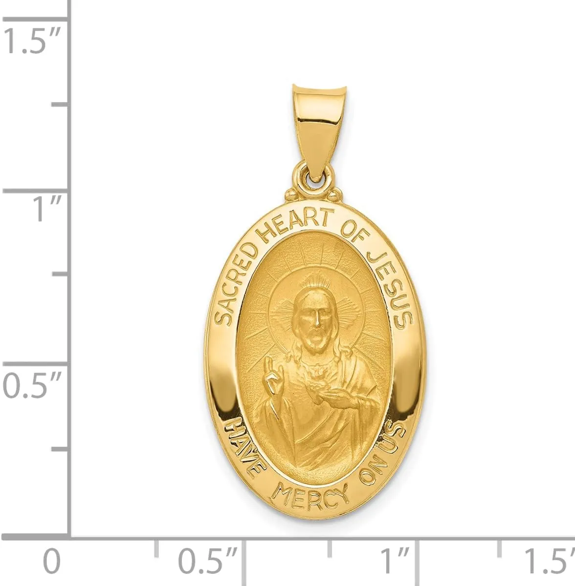 Gold Religious Medals 14K Yellow Gold Polished and Satin Sacred Heart of Jesus Medal Hollow Pendant