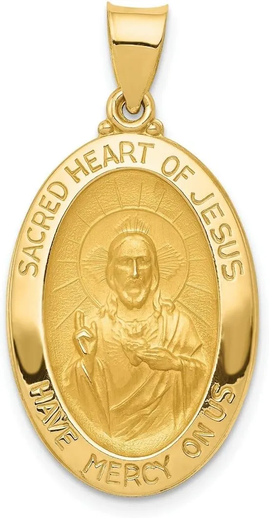 Gold Religious Medals 14K Yellow Gold Polished and Satin Sacred Heart of Jesus Medal Hollow Pendant