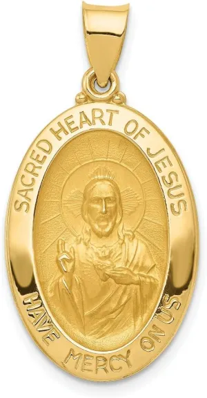 Gold Religious Medals 14K Yellow Gold Polished and Satin Sacred Heart of Jesus Medal Hollow Pendant