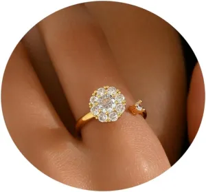 Gold Rings for Women Open Anti Anxiety Spinner Ring Adjustable Fidget Rings Evil Eye Flower Ring Jewelry