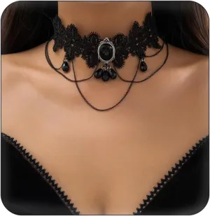 Gothic Black Lace Crystal Tassel Choker Necklace for Women Floral Gemstone Punk Lolita Collar Necklace Jewelry Vintage Thick Choker