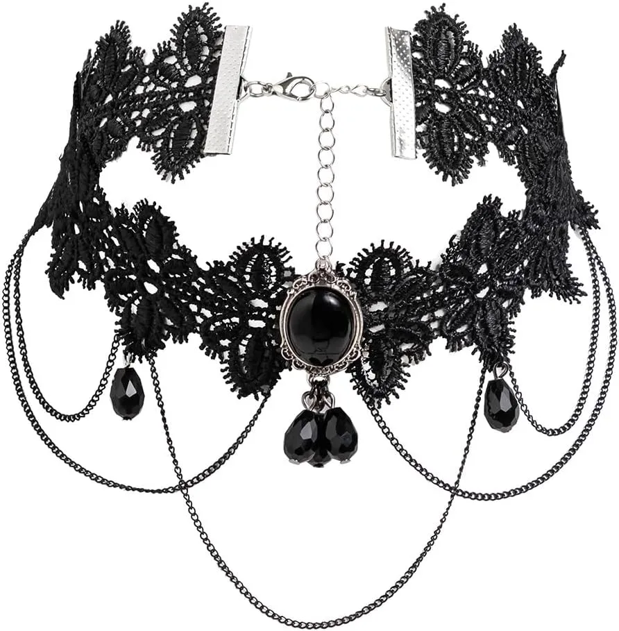 Gothic Black Lace Crystal Tassel Choker Necklace for Women Floral Gemstone Punk Lolita Collar Necklace Jewelry Vintage Thick Choker