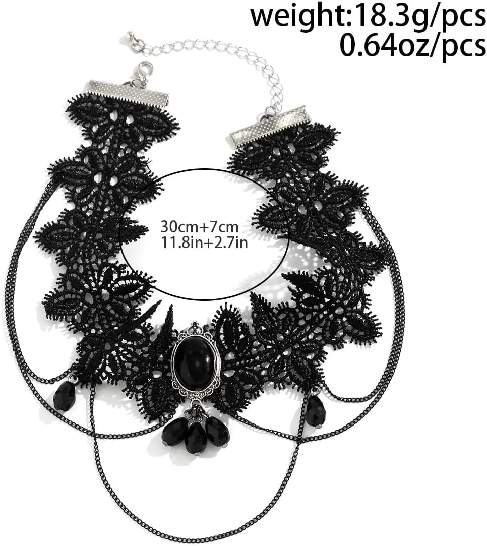 Gothic Black Lace Crystal Tassel Choker Necklace for Women Floral Gemstone Punk Lolita Collar Necklace Jewelry Vintage Thick Choker