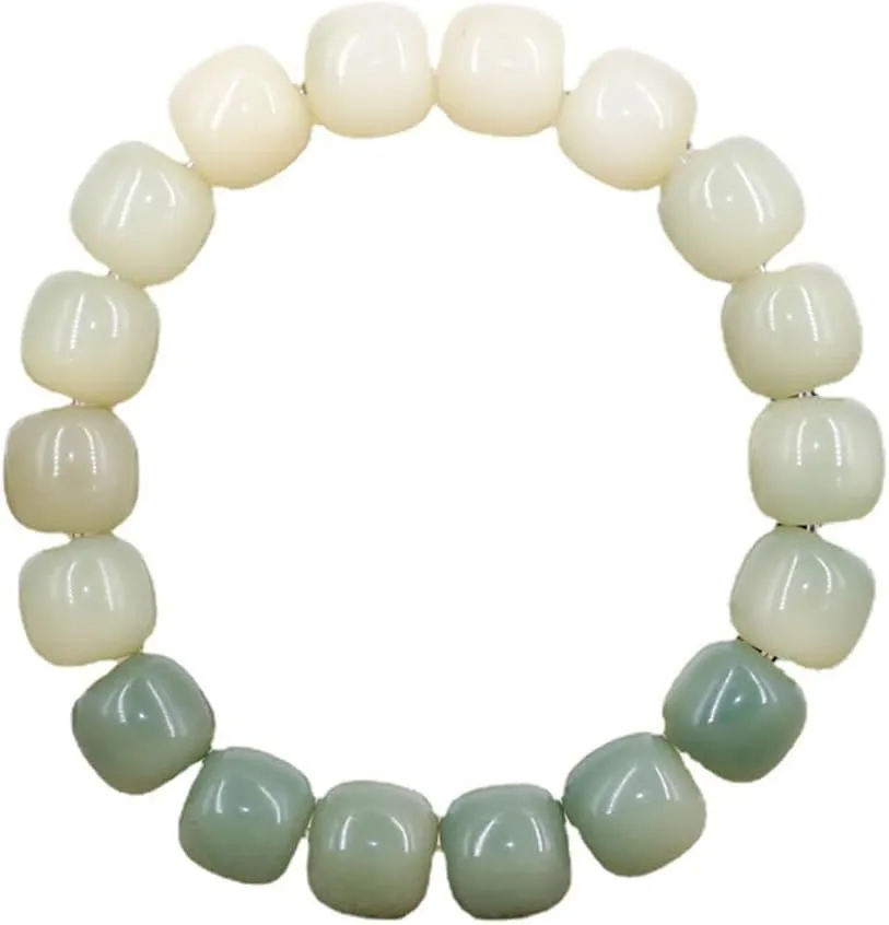 Gradual White Green Bodhi Root Bracelet Barrel Beaded Prayer Beads for Men Women Meditation Yoga