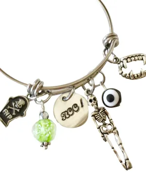Halloween Bangle, Halloween Charm Bracelet, Skeleton Bangle,"Boo" Bangle, Glow In The Dark Bead, Eyeball, Fangs, Tombstone, Adjustable