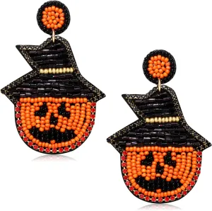 Halloween Earrings Beaded Ghost Candy Corn Dangle Earrings for Women Statement Bead Witch Hat Pumpkin Drop Earrings Halloween Jewelry Gifts Holiday Party Decor