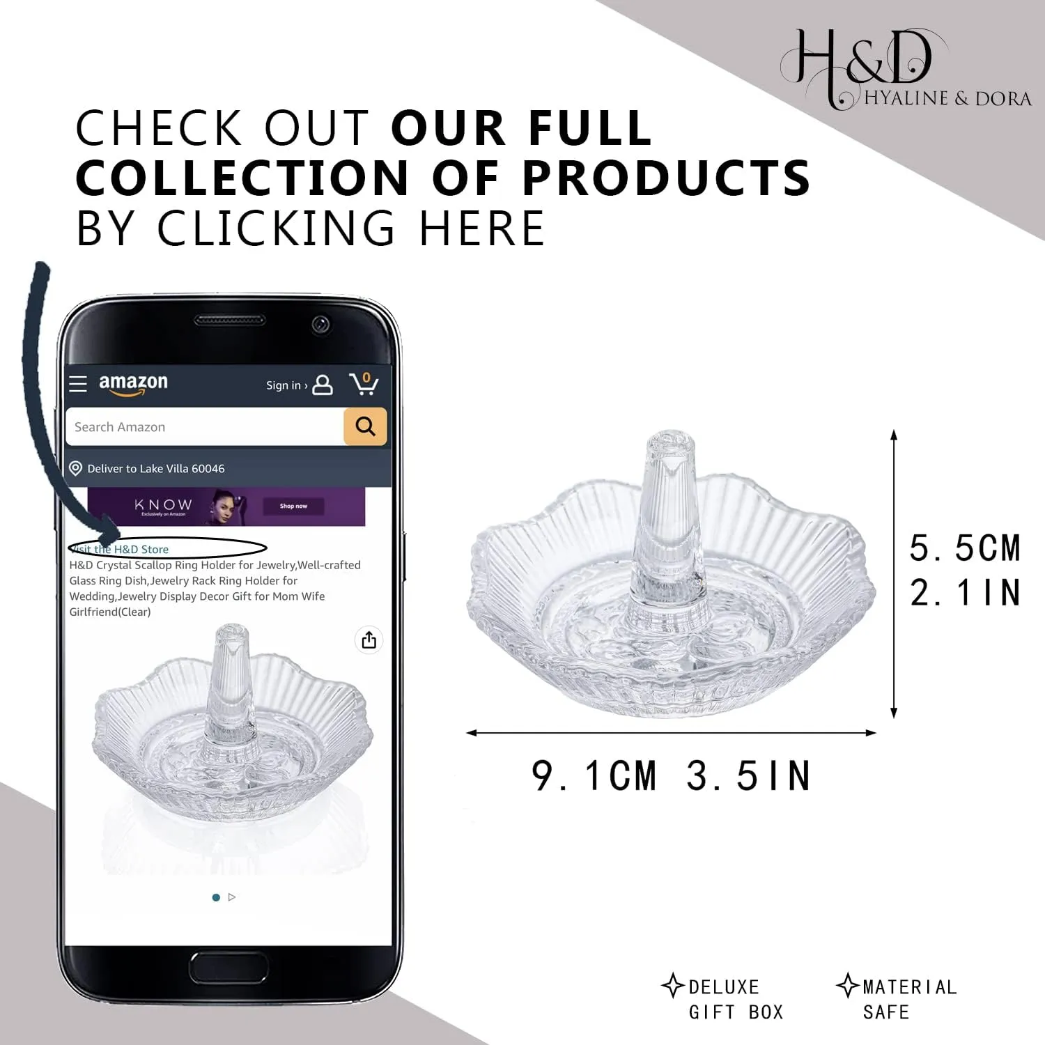 H&D HYALINE & DORA Crystal Scallop Ring Holder for Jewelry,Well-crafted Glass Ring Dish,Jewelry Rack Ring Holder for Wedding,Jewelry Display Decor Gift for Mom Wife Girlfriend(Clear)